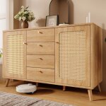 Elvmi buffet avec 4 tiroirs et 2 portes �tag�res r�glables meuble d?entr�e �l�gant avec d�cor cannage ...