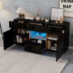 Elvmi buffet et enfilade 4 tiroirs 2 portes et niche avec led - elvmi - fa�ade brillante salon bois noir ...