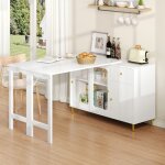 Elvmi buffet multifonction blanc avec table extensible portes coulissantes en verre et pieds m�tal dor� ...