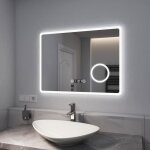 Emke miroir salle de bain led 80 x 60 cm, avec interrupteur tactile + anti - bu�e + loupe 3 fois + horloge ...