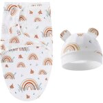 Emmaillotage bande dessin�e blanc 0 - 6 mois + chapeau assorti coton doux design mignon unisexe .