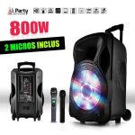 Enceinte sono mobile amplifie 800w 15  led / usb / bt / sd / fm + 2 micros sans - fil party15