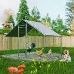 Enclos poulailler grillag� 303x157x200 m avec toit �tanche pe et porte verrouillable m�tal argent