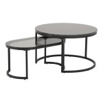 Ensemble de 2 tables basses spiro en verre teint� gris et une structure en m�tal thermolaqu� noir mat. ...
