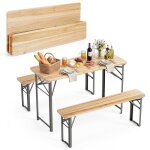 Ensemble 3 pcs table et chaises de jardin costway table pliable et 2 bancs en bois mobilier dext�rieur ...