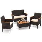Ensemble 4 pcs table et chaises de jardin costway en rotin pe 2 fauteuils et 1 canap� 2 places coussins ...