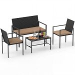 Ensemble 4 pcs table et chaises de jardin costway en rotin pe table basse en verre tremp� coussins jaune ...