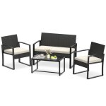 Ensemble 4pcs table et chaises de jardin costway 2 fauteuils et 1 canape en rotin pe noir plateau en ...