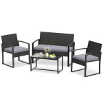 Ensemble 4pcs table et chaises de jardin costway 2 fauteuils et 1 canape en rotin pe noir plateau en ...