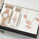 Ensemble 5 pcs montre luxe femme parure coeur or rose bijoux collier bracelet boucle d oreilles bague ...