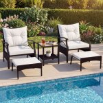 Ensemble 5 pcs table et chaises de jardin costway en rotin pe avec poufs coussins table basse en verre ...