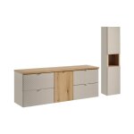 Ensemble aoki : meubles sous vasque � tiroirs + panier � linge + plan vasque ch�ne + colonne