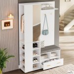 Ensemble armoire porte - manteau mural 120x35x190cm avec miroir tringle � v�tements banc � chaussures ...
