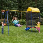 Ensemble de balan�oire multifonctionnel ext�rieur - trampoline avec filet de s�curit� - double balan�oire ...