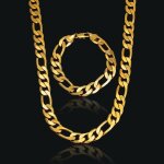 Ensemble de bijoux lourds plaqu or 24k jaune hommes collier + bracelet chane figaro