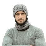 Ensemble bonnet et �charpe pour homme automne et hiver - tricot� - doubl� en polaire - gris clair