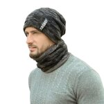 Ensemble bonnet et �charpe pour homme automne et hiver - tricot� - doubl� en polaire - gris fonc�