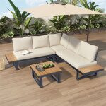 Salon de jardin avec canap� dangle coussins table basse dossier r�glable pour 5 personnes m�tal beige ...