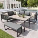 Salon de jardin avec canap� dangle coussins table basse et un long banc pour 6 - 8 personnes m�tal + ...