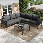 Salon de jardin avec canap� dangle coussins table basse en verre pour 4 - 5 personnes m�tal gris