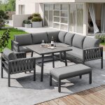 Salon de jardin avec canap� dangle coussins table basse en verre un long banc et fauteuil pour 8 personnes ...