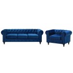 Ensemble canapé et fauteuil en velours bleu cobalt 4 places chesterfield Ensemble canapé et fauteuil en velours bleu cobalt 4 places chesterfield