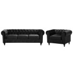 Ensemble canap� et fauteuil en velours noir 4 places chesterfield