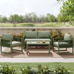 Salon de jardin avec canap� coussins table basse en verre 2 fauteuils pour 4 personnes m�tal vert
