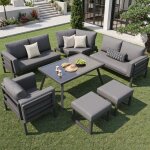 Salon de jardin avec canap�s coussins table basse en verre fauteuil et 2 tabourets pour 8 personnes m�tal ...