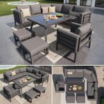Ensemble de canap� de jardin - demi - lune - 8 personnes - cadre en fer robuste - coussins gris - table ...