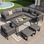 Ensemble canap� de jardin demi - lune pour 8 personnes coussins gris table en verre 1 fauteuil et 2 tabourets ...