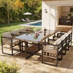 Ensemble de canap� de jardin tress� - 8 personnes - 8 fauteuils - 2 tables en verre - coussins beiges ...