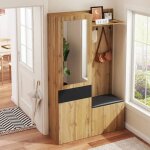 Ensemble dentr�e 985 x 38 x 191 cm ? vestiaire avec miroir banc et rangements mdf noir / bois naturel ...