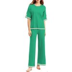 Ensemble deux pi�ces femme - viscose fluide - taille unique - pantalon large - haut col rond vert