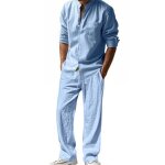 Ensemble homme 2 pices - leoclotho - col mao en lin - bleu