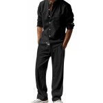 Ensemble homme 2 pices - leoclotho - col mao en lin - noir