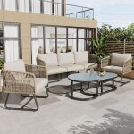 Ensemble jardin 5piece fer galvanis� corde tress�e canap� 3p + 2 fauteuils + 2 tables basses plateau ...