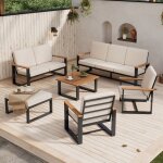 Ensemble de jardin - canap�s 3p + 2p 2 fauteuils - fer & acacia - beige - dossier haut ergonomique