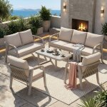Ensemble de jardin de d�tente 7 places avec une table basse � plateau en verre structure en fer galvanis� ...