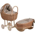Ensemble : landau - poussette + berceau en osier pour poupe beige