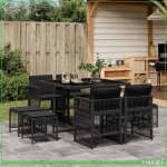 Ensemble � manger de jardin - 3210955 - r�sine tress�e noire - coussins amovibles - table verre tremp� ...