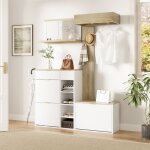 Ensemble meuble d?entr�e - 4 pi�ces - avec meuble � chaussures banc porte - manteau mural et miroir blanc ...