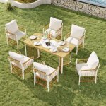 Ensemble de meubles de jardin en rotin - cadre en fer blanc - table 1595x775x75 cm - 6 chaises 55x65x87 ...