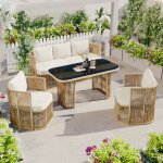 Ensemble de meubles de jardin en rotin pe - 5 pi�ces - canap� 3 places - 2 fauteuils - table en verre ...