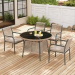 Ensemble de meubles de jardin en rotin - table ronde en verre - 4 fauteuils - cadre en fer - rotin pe ...