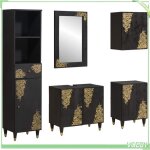 Ensemble de meubles de salle de bain - design dor� imprim� - bois de manguier massif - noir - 5 pi�ces ...