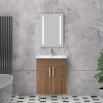 Ensemble de meubles de salle de bain: vasque + meuble sous - vasque sur pieds 2portes + miroir led avec ...