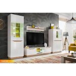 Ensemble meuble salon tv famous blanc / bois mat / blanc laque led