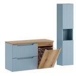Ensemble meuble suspendu sous vasque 100 cm avec plan ch�ne et colonne 30 x 140 cm nova denim