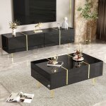 Ensemble meuble tv 170x35x46 cm accents dor�s 4 portes table basse pour grand �cran noir brillant